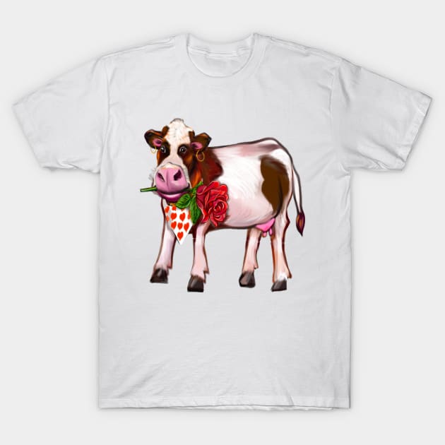 cute funny cow holding a red rose in it’s mouth and sporting a scarf with red love hearts Happy Valentines Day T-Shirt by Artonmytee